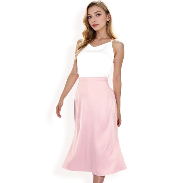 Women's Satin Midi Skirt With A-Line Silhouette And Elastic Waistband