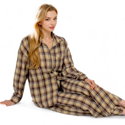 Women's Plaid Lounge Set with Button-Up Shirt and Elastic Waist Pants