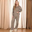 Brown Large Women's Plaid Lounge Set with Button-Up Shirt and Elastic Waist Pants