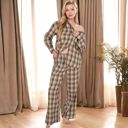 Brown Large Women's Plaid Lounge Set with Button-Up Shirt and Elastic Waist Pants