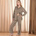 Brown Large Women's Plaid Lounge Set with Button-Up Shirt and Elastic Waist Pants