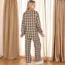 Brown Large Women's Plaid Lounge Set with Button-Up Shirt and Elastic Waist Pants