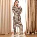 Brown Large Women's Plaid Lounge Set with Button-Up Shirt and Elastic Waist Pants