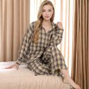 Brown Large Women's Plaid Lounge Set with Button-Up Shirt and Elastic Waist Pants