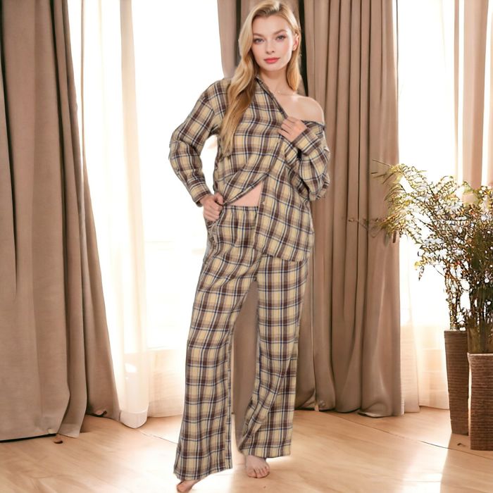 Women's Plaid Lounge Set with Button-Up Shirt and Elastic Waist Pants