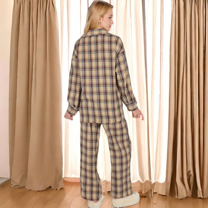 Women's Plaid Lounge Set with Button-Up Shirt and Elastic Waist Pants