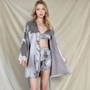 Gray Large Women's Satin 3-Piece Loungewear Set with Lace Trim Robe, Bralette, and Shorts