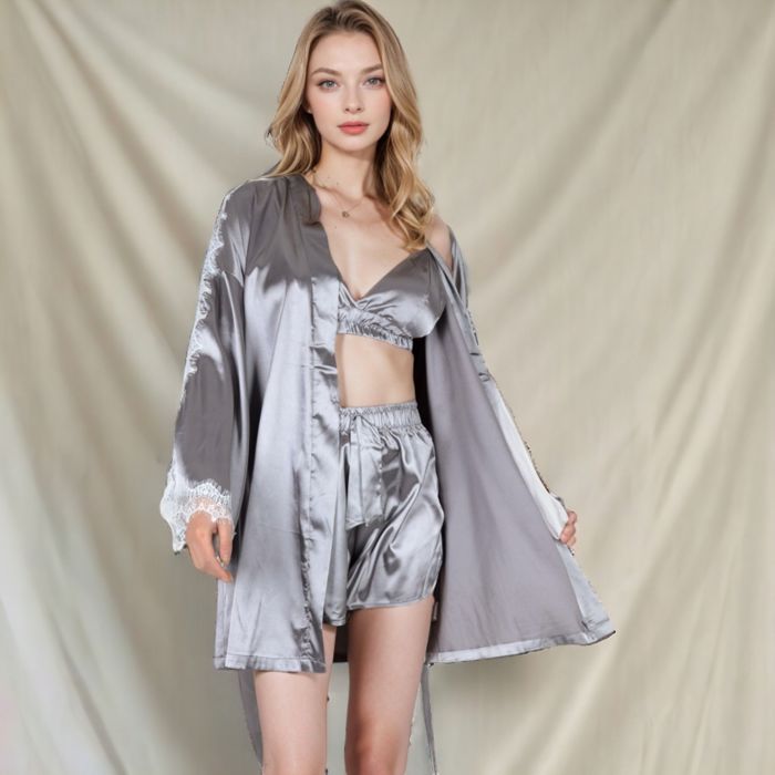 Women's Satin 3-Piece Loungewear Set with Lace Trim Robe, Bralette, and Shorts