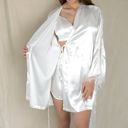 White Large Women's Satin 3-Piece Loungewear Set with Lace Trim Robe, Bralette, and Shorts