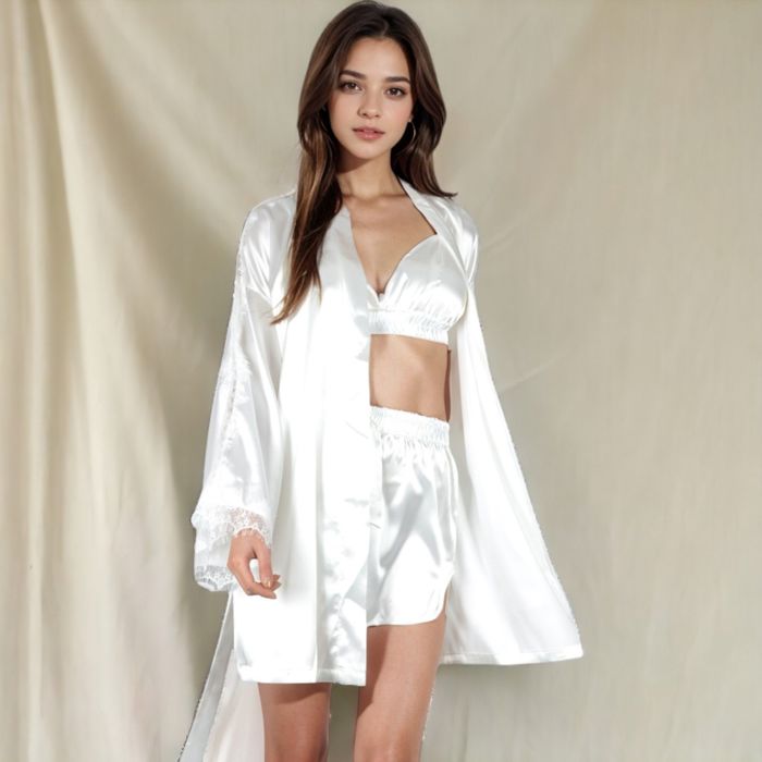 Women's Satin 3-Piece Loungewear Set with Lace Trim Robe, Bralette, and Shorts