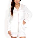 White Large Women's Textured Cotton Pajama Set with Contrast Piping and Button-Up Top