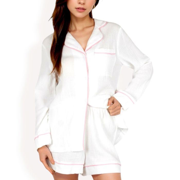 Women's Textured Cotton Pajama Set with Contrast Piping and Button-Up Top