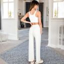 White Small Women’s Wide-Leg Sweater Pants with Elastic Waistband and Adjustable Drawstring