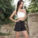 Black Large Women’s Sweater Knit Shorts with Ribbed Cuffs and Front Drawstring Closure for Casual Style