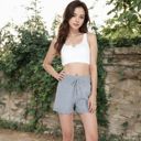 Gray Small Women’s Sweater Knit Shorts with Ribbed Cuffs and Front Drawstring Closure for Casual Style