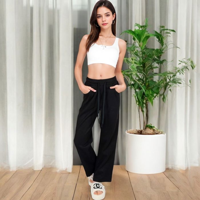 Women’s Soft Knit Wide-Leg Pants with Elastic Waistband and Drawstring for Lounge and Casual Wear