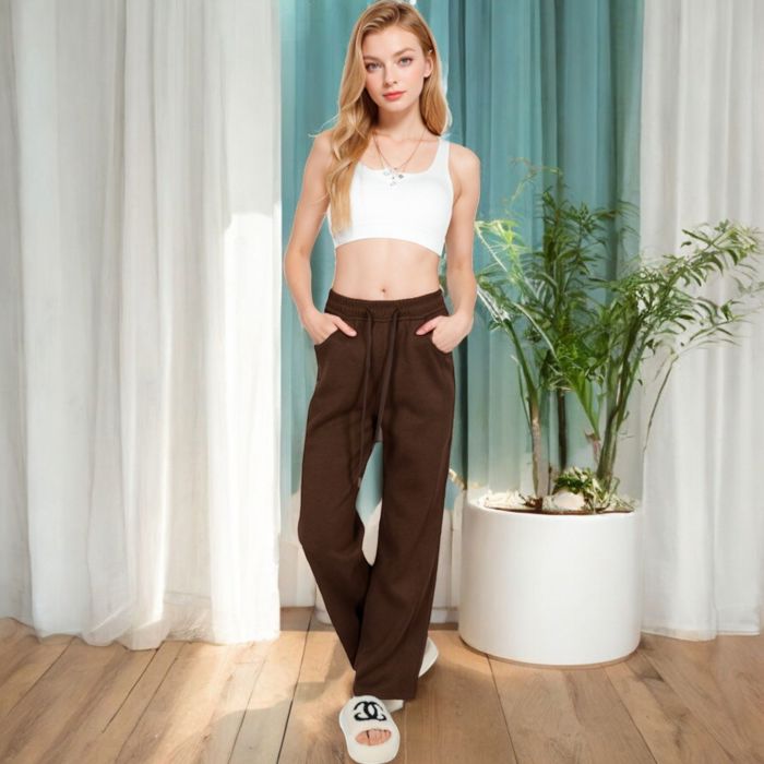 Women’s Soft Knit Wide-Leg Pants with Elastic Waistband and Drawstring for Lounge and Casual Wear