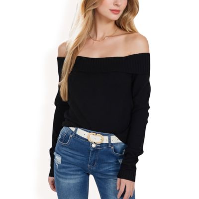 Women??s Ribbed Off-the-Shoulder Long Sleeve Slim Fit Top in Soft Stretchy Midweight Fabric