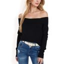  Women’s Ribbed Off-the-Shoulder Long Sleeve Slim Fit Top in Soft Stretchy Midweight Fabric