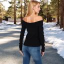 Black Large Women’s Ribbed Off-the-Shoulder Long Sleeve Slim Fit Top in Soft Stretchy Midweight Fabric