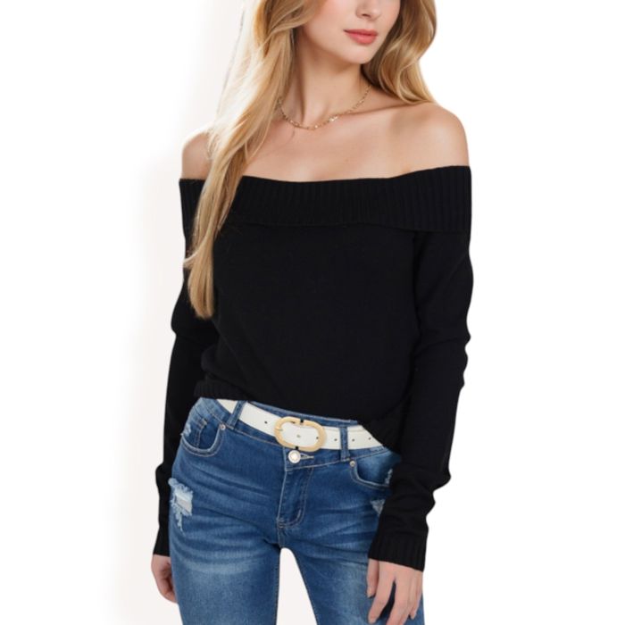 Women’s Ribbed Off-the-Shoulder Long Sleeve Slim Fit Top in Soft Stretchy Midweight Fabric