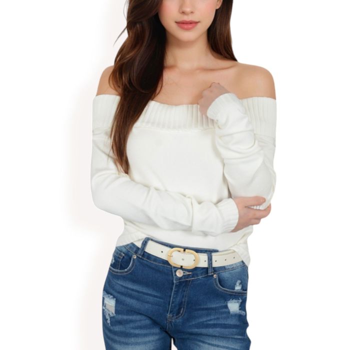 Women’s Ribbed Off-the-Shoulder Long Sleeve Slim Fit Top in Soft Stretchy Midweight Fabric