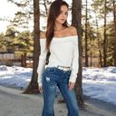 White Large Women’s Ribbed Off-the-Shoulder Long Sleeve Slim Fit Top in Soft Stretchy Midweight Fabric