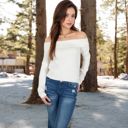 White Large Women’s Ribbed Off-the-Shoulder Long Sleeve Slim Fit Top in Soft Stretchy Midweight Fabric