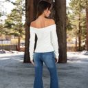 White Large Women’s Ribbed Off-the-Shoulder Long Sleeve Slim Fit Top in Soft Stretchy Midweight Fabric