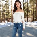 White Small Women’s Ribbed Off-the-Shoulder Long Sleeve Slim Fit Top in Soft Stretchy Midweight Fabric