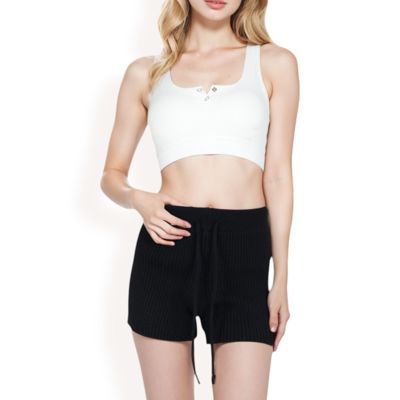 Women??s Sweater Knit Shorts with Ribbed Cuffs and Front Drawstring Closure in Soft Midweight Fabric