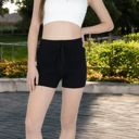 Black Medium Women’s Sweater Knit Shorts with Ribbed Cuffs and Front Drawstring Closure in Soft Midweight Fabric