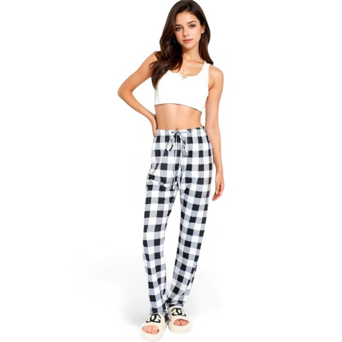 Women's Plaid Flannel Lounge Pants with Elastic Waistband and Adjustable Drawstring