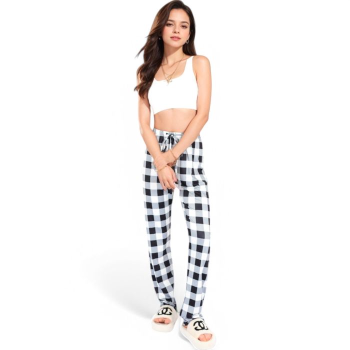 Women's Plaid Flannel Lounge Pants with Elastic Waistband and Adjustable Drawstring