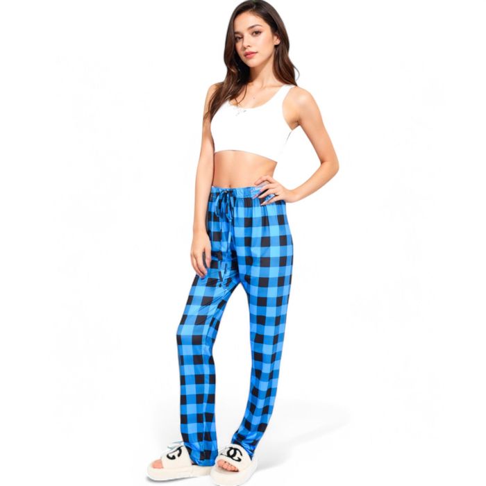 Women's Plaid Flannel Lounge Pants with Elastic Waistband and Adjustable Drawstring