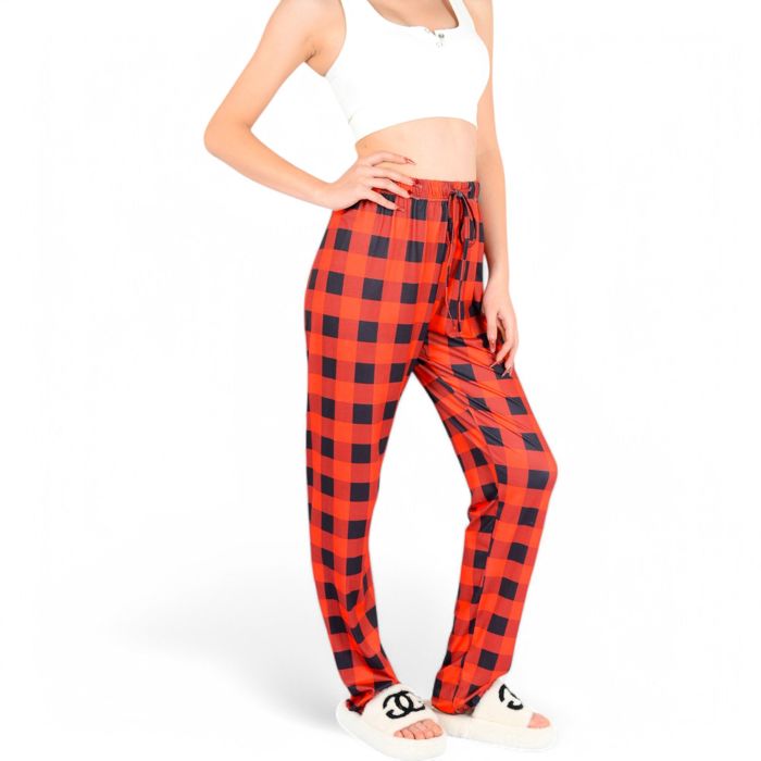 Women's Plaid Flannel Lounge Pants with Elastic Waistband and Adjustable Drawstring