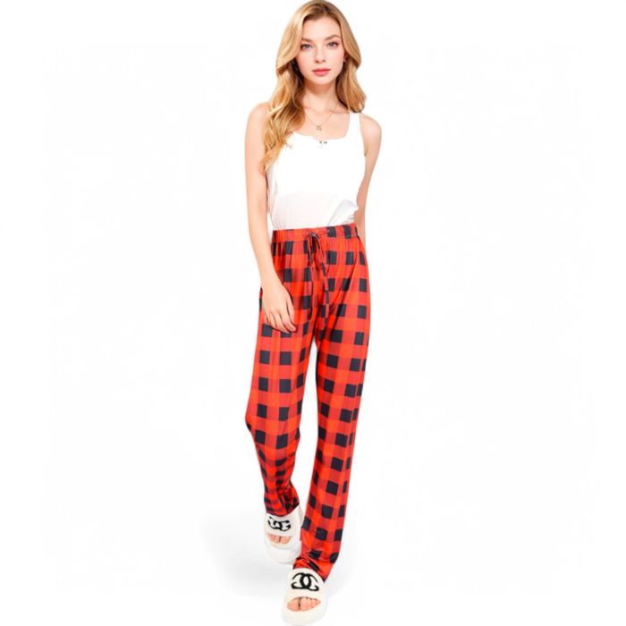 Women's Plaid Flannel Lounge Pants with Elastic Waistband and Adjustable Drawstring