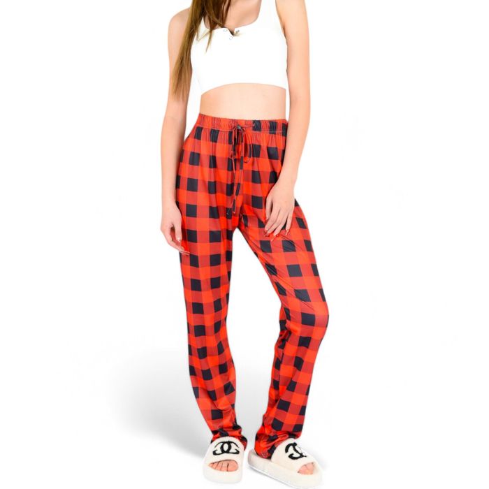 Women's Plaid Flannel Lounge Pants with Elastic Waistband and Adjustable Drawstring