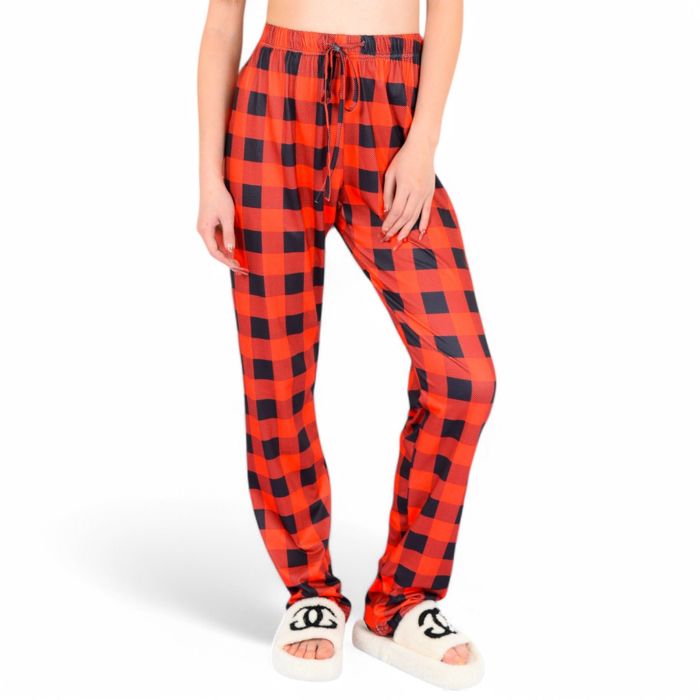 Women's Plaid Flannel Lounge Pants with Elastic Waistband and Adjustable Drawstring