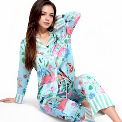 Women's Satin Tropical Flamingo Print Pajama Set with Button-Up Top and Relaxed Fit Pants