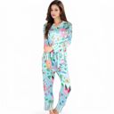 Blue Large Women's Satin Tropical Flamingo Print Pajama Set with Button-Up Top and Relaxed Fit Pants