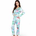 Blue Large Women's Satin Tropical Flamingo Print Pajama Set with Button-Up Top and Relaxed Fit Pants