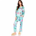 Blue Large Women's Satin Tropical Flamingo Print Pajama Set with Button-Up Top and Relaxed Fit Pants