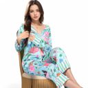 Blue Large Women's Satin Tropical Flamingo Print Pajama Set with Button-Up Top and Relaxed Fit Pants