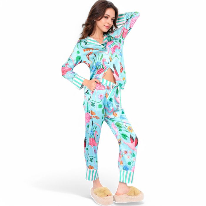 Women's Satin Tropical Flamingo Print Pajama Set with Button-Up Top and Relaxed Fit Pants