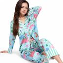 Blue Large Women's Satin Tropical Flamingo Print Pajama Set with Button-Up Top and Relaxed Fit Pants