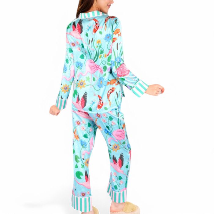 Women's Satin Tropical Flamingo Print Pajama Set with Button-Up Top and Relaxed Fit Pants