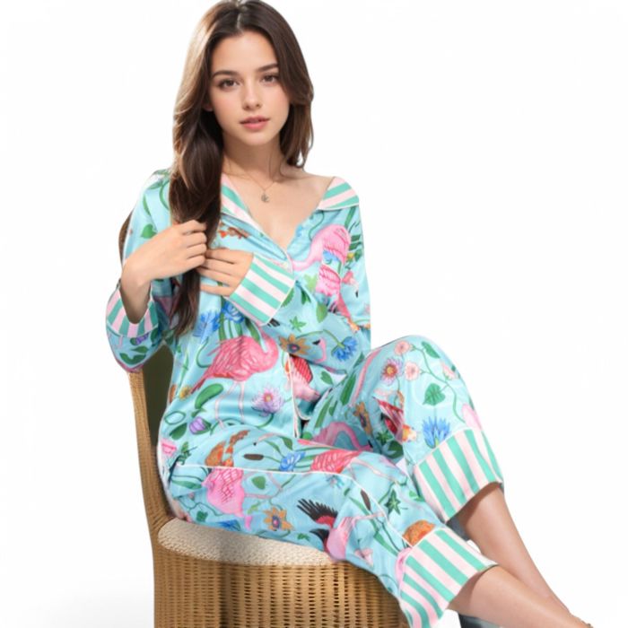 Women's Satin Tropical Flamingo Print Pajama Set with Button-Up Top and Relaxed Fit Pants