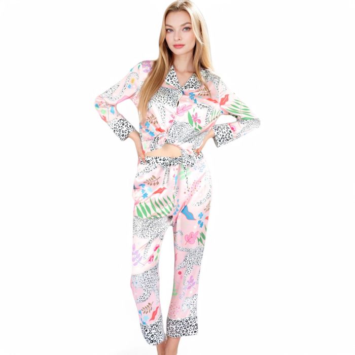 Women's Satin Pink Leopard Print Pajama Set with Button-Up Long Sleeve Top and Relaxed Fit Pants