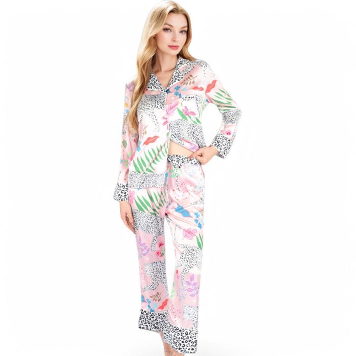 Women's Satin Pink Leopard Print Pajama Set with Button-Up Long Sleeve Top and Relaxed Fit Pants